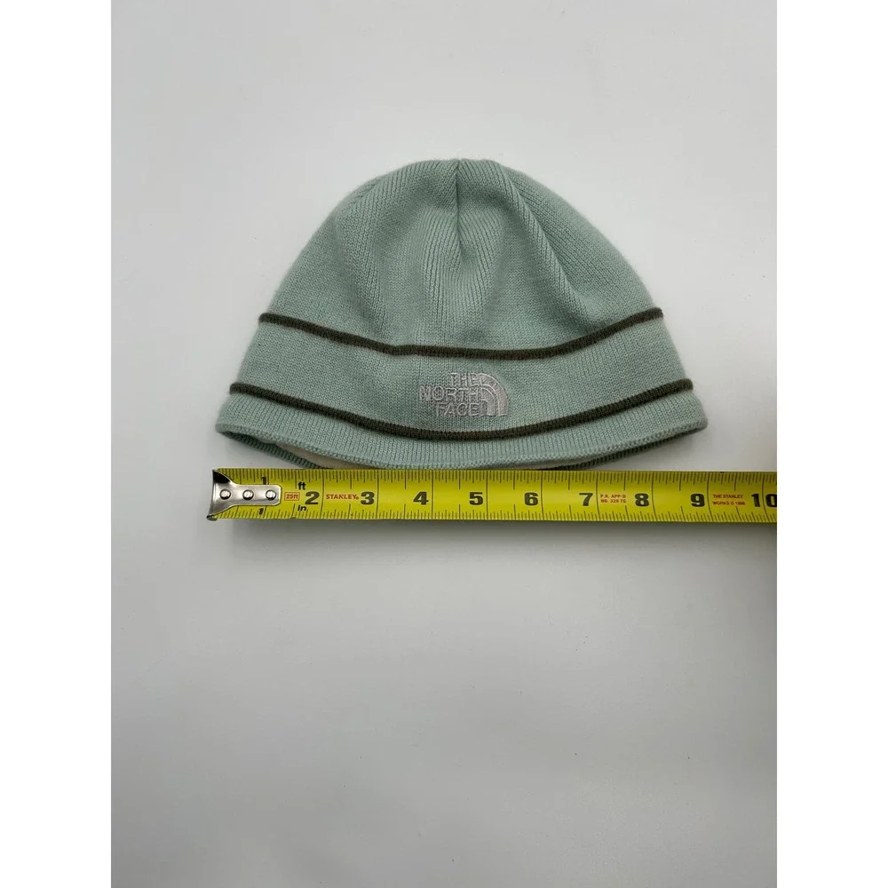 The North Face Wool Beanie Hat Seafoam Green Fleece Lined Striped Y2K Made in CA